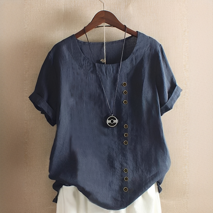 Blusa feminina estilosa para o dia a dia, com manga curta, decote redondo, conforto e moda verão.