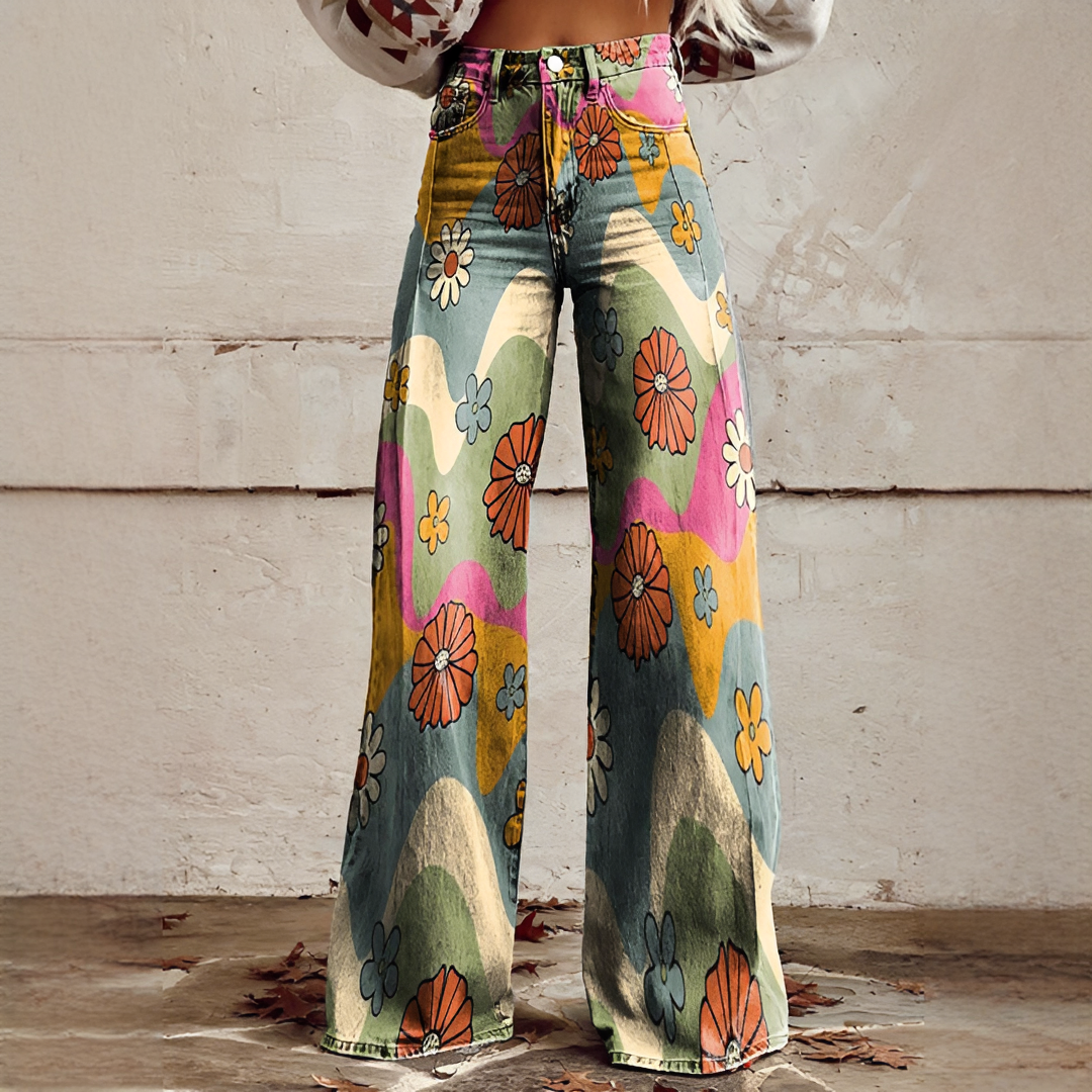 Calça feminina fluida de perna larga para o verão. Confortável e estilosa, ideal para moda casual ou viagem.
