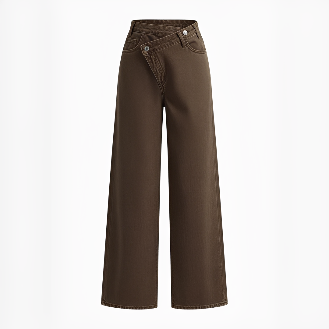 Calças femininas confortáveis Jolina. Cintura assimétrica e perna larga elegante. Roupa feminina perfeita para verão.