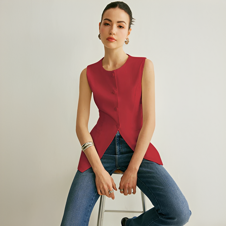 Colete feminino elegante de verão/primavera sem mangas, ideal para compor looks modernos e versáteis.