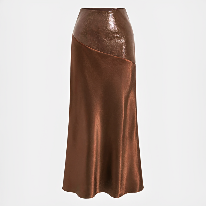 Saia Viviana brilhante, feminina e elegante, com corte assimétrico. Peça de luxo para a mulher moderna.