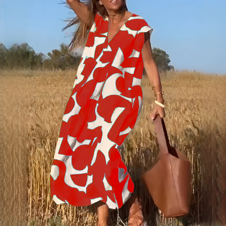 Vestido feminino solto e confortável com decote V. Roupa de verão fluida e elegante para qualquer ocasião.