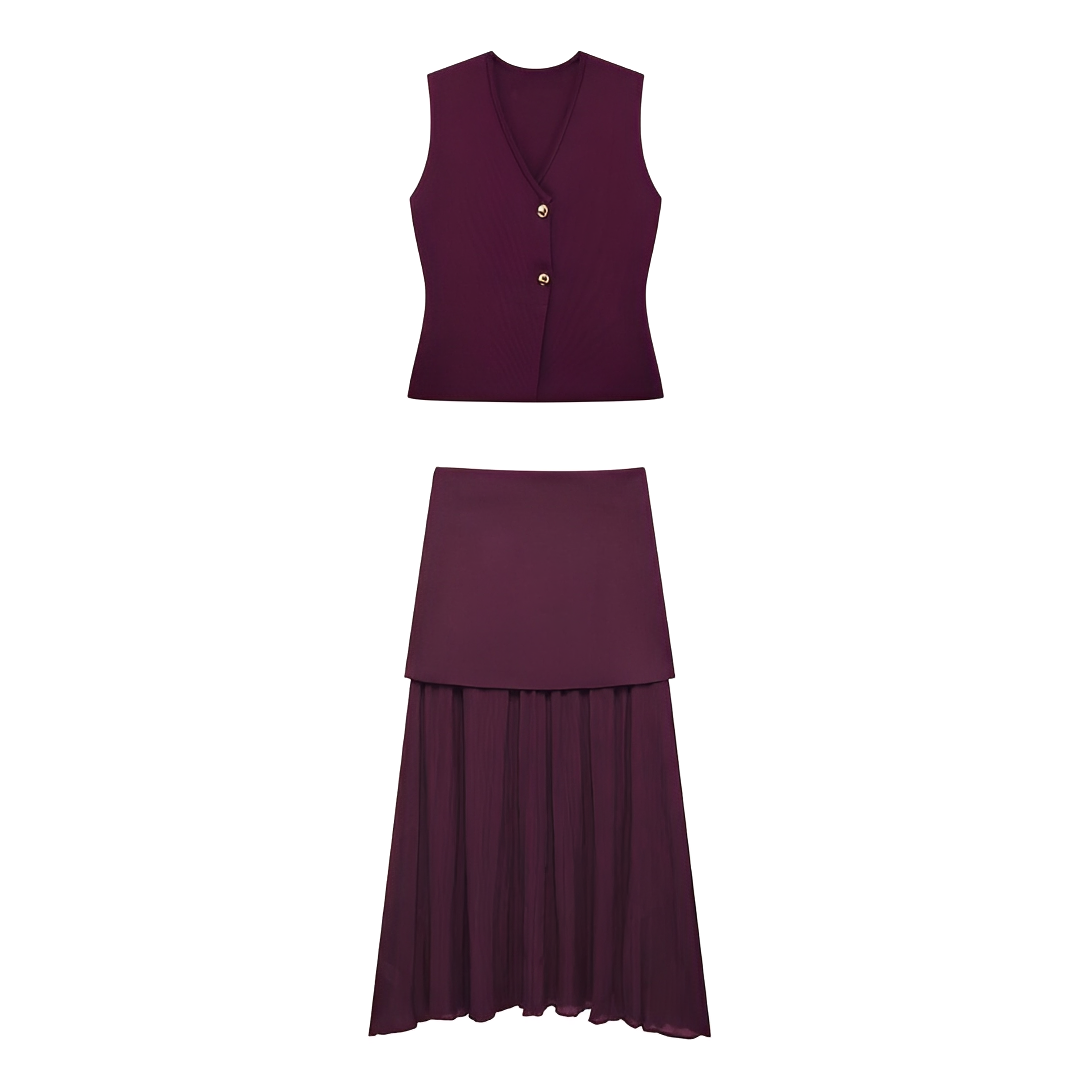 Conjunto feminino de colete e saia. Roupa casual e elegante para verão, primavera ou escritório. Estilo versátil.