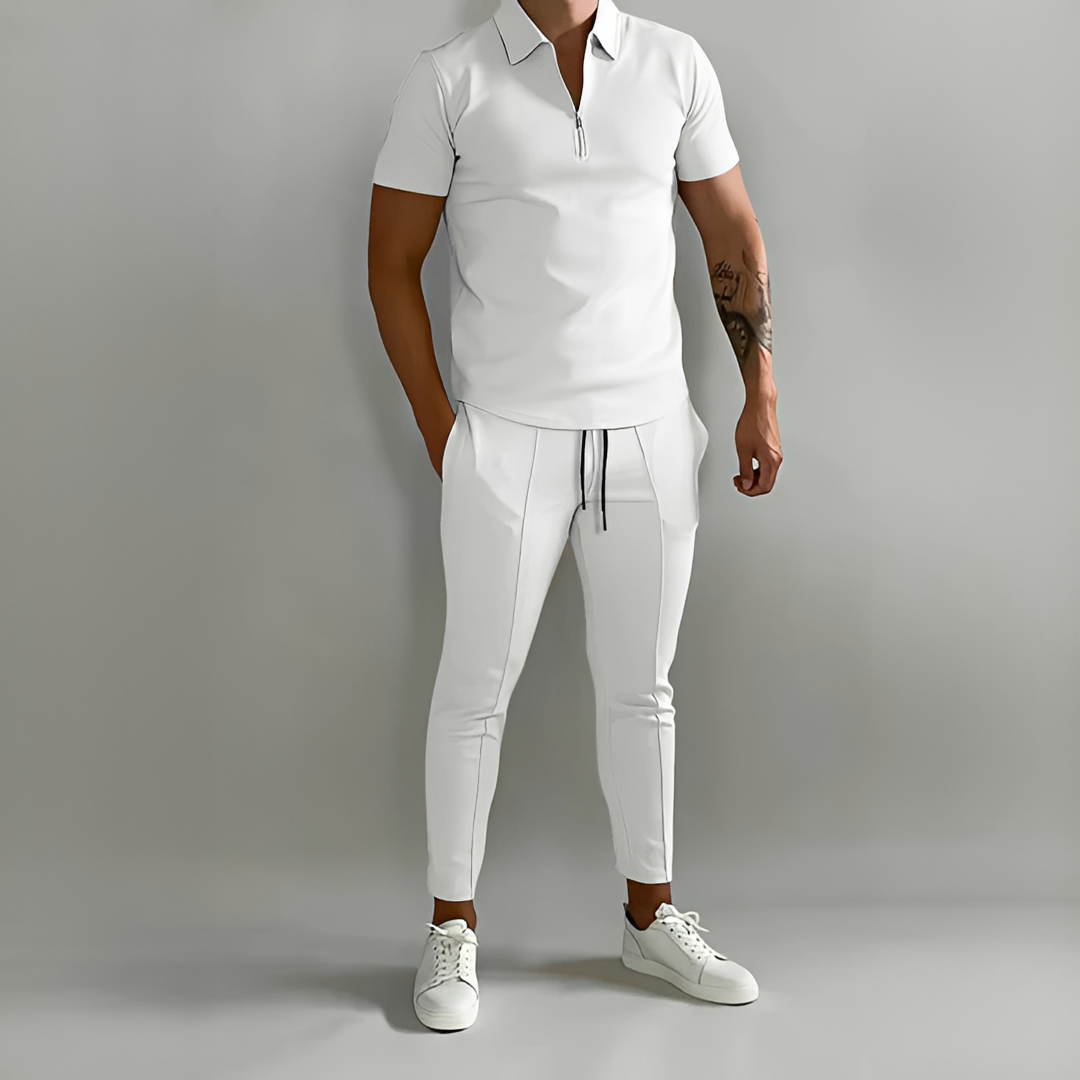 Conjunto elegante masculino duas peças para verão, camisa e calças confortáveis para um estilo casual de moda.