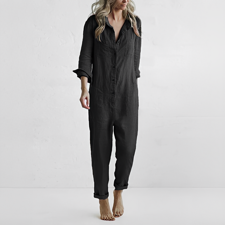 Macacão feminino de verão com manga longa, combinando conforto e um estilo moderno e elegante. Roupa casual e versátil.