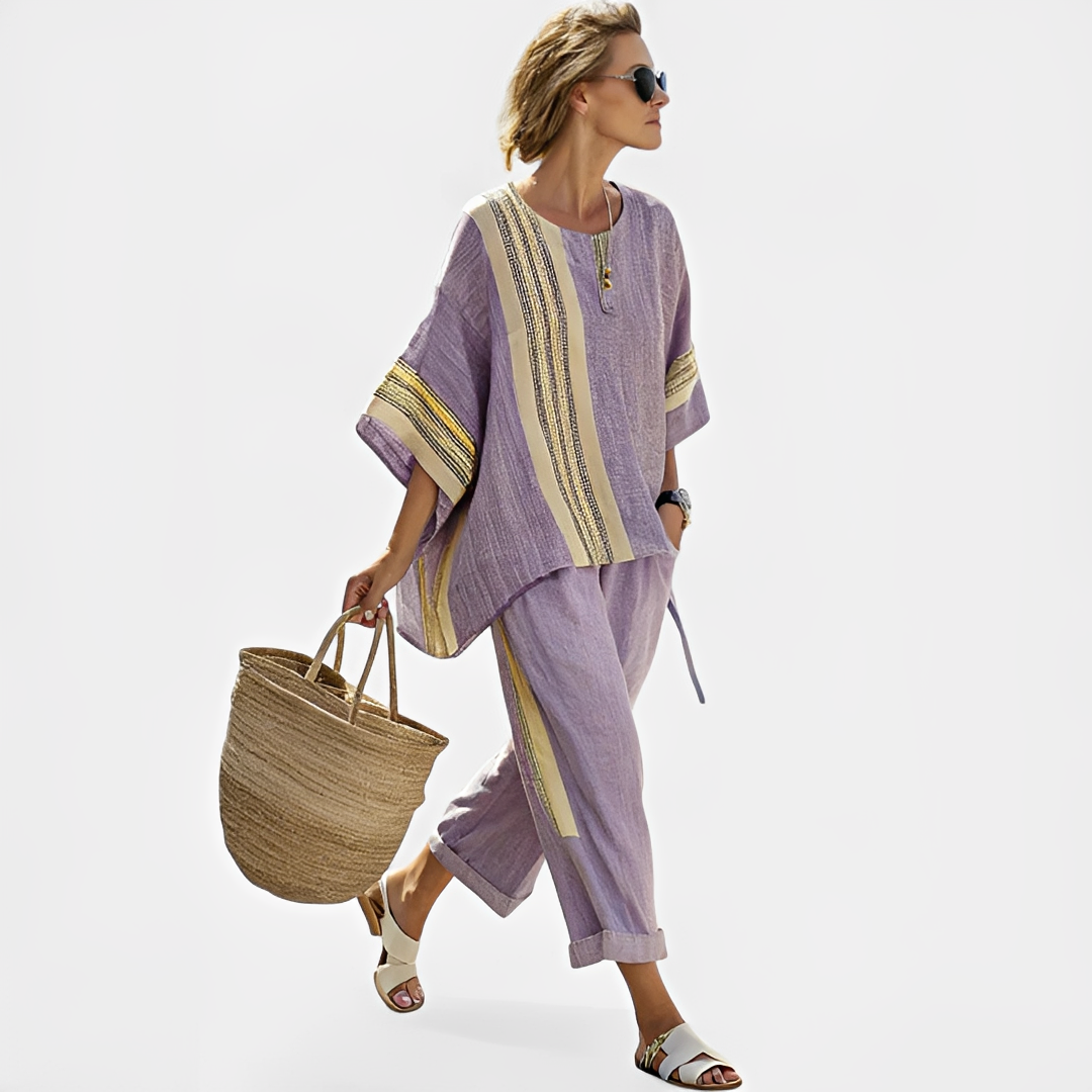Conjunto feminino duas peças Mirthe. Look casual elegante para moda feminina de verão, ideal para conforto diário.