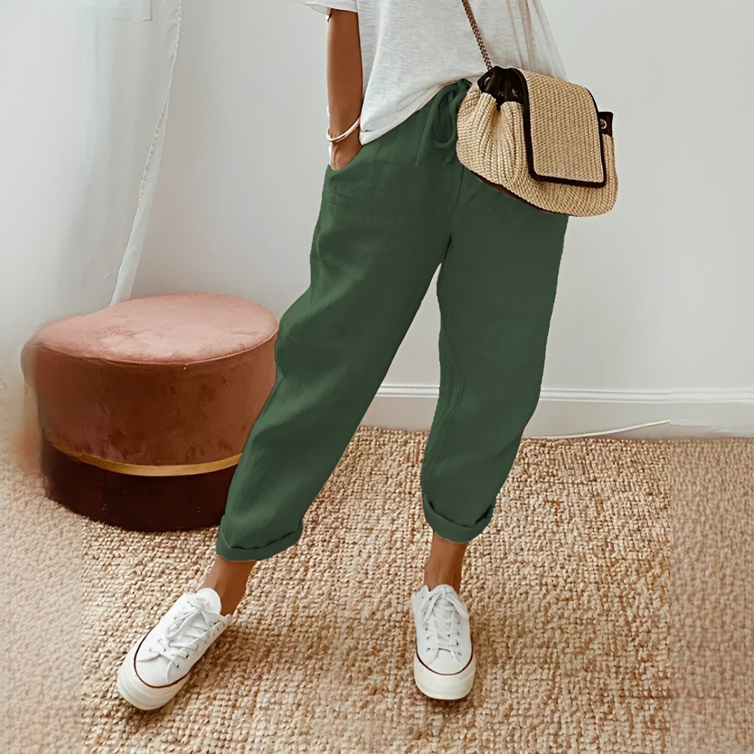 Roupa feminina casual de verão: calças confortáveis de cintura elástica, perfeitas para o dia a dia e lazer.