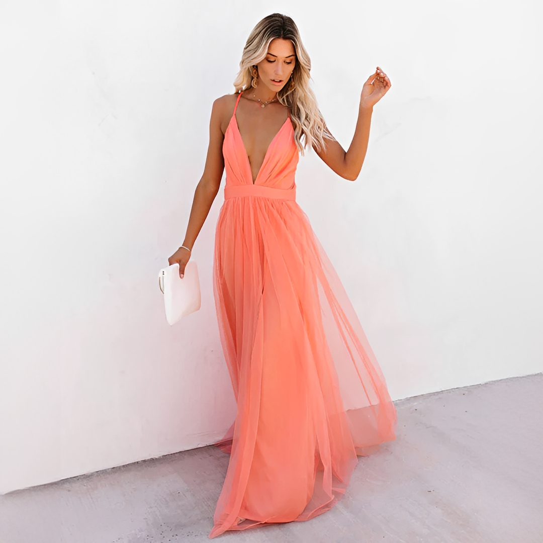 Vestido maxi feminino elegante laranja fluido para verão. Perfeito para moda feminina, ocasiões especiais e casual chique.