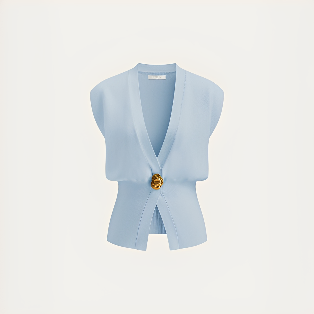 Colete feminino de primavera-verão, decote V, leve e elegante, ideal para criar looks versáteis e modernos.
