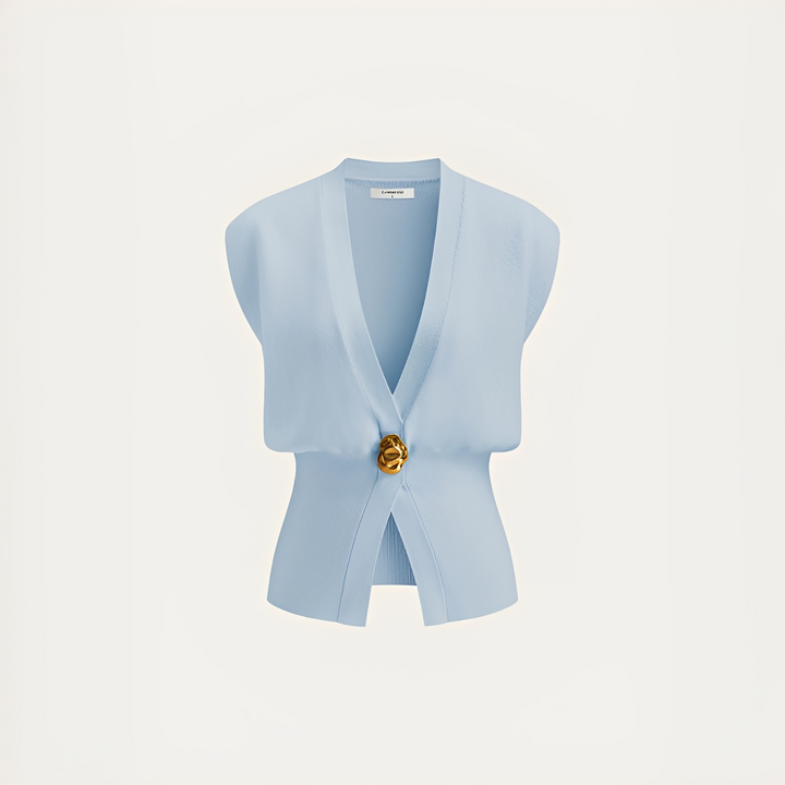 Colete feminino de primavera-verão, decote V, leve e elegante, ideal para criar looks versáteis e modernos.