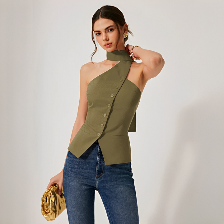 Moda feminina de verão: top halter elegante e confortável, essencial para um visual moderno e fresco.