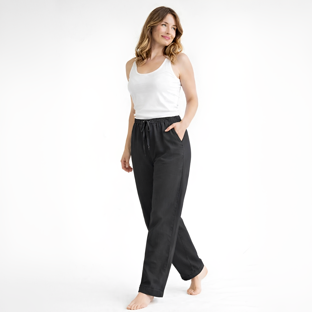Calça feminina casual de verão, leve e fresca, perfeita para o conforto e estilo do dia a dia.
