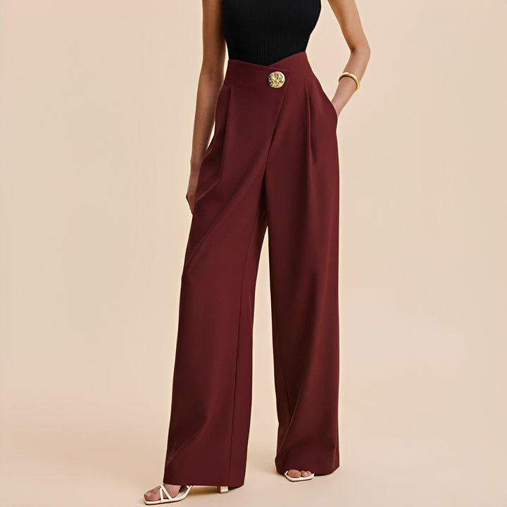 Calças femininas tendência de cintura alta e perna larga, oferecendo conforto e um look moderno para o dia a dia.