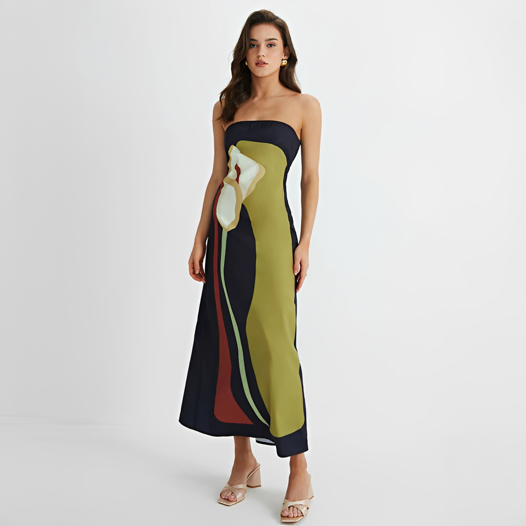 Vestido feminino tomara que caia longo floral verde, elegante para moda verão e festa jardim.