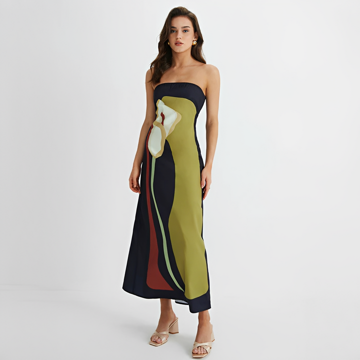 Vestido feminino tomara que caia longo floral verde, elegante para moda verão e festa jardim.
