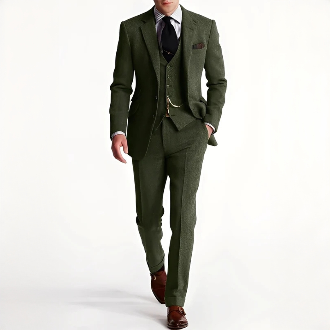 Terno masculino completo de três peças: paletó, colete e calça. Perfeito para casamentos e formaturas.
