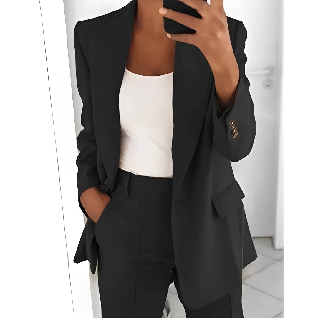 Conjunto de blazer e calças femininas para moda profissional, look versátil para outono e primavera.