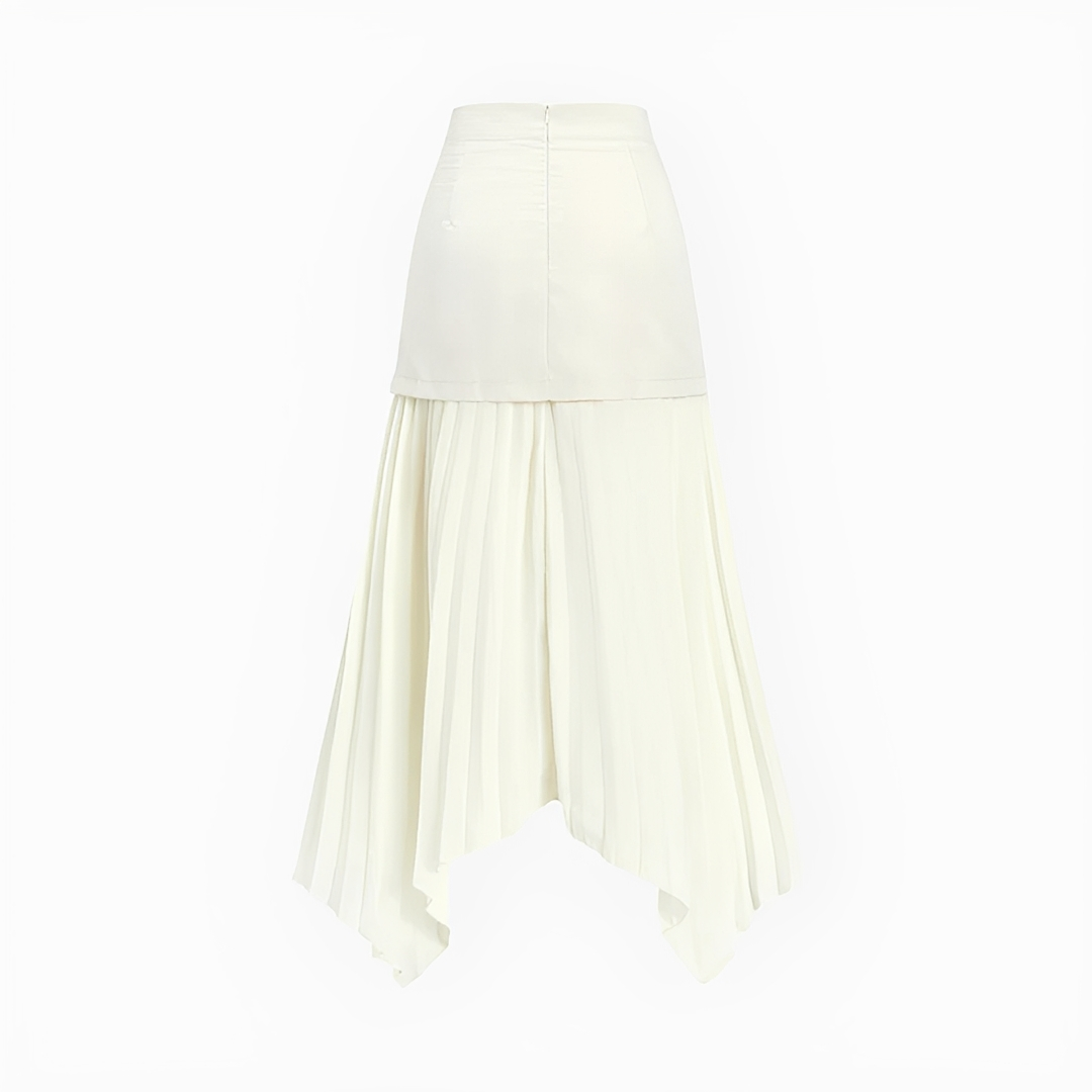 Saia plissada assimétrica feminina midi para um estilo moderno e confortável, perfeita para looks diários.