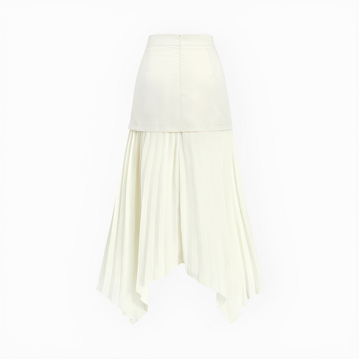 Saia plissada assimétrica feminina midi para um estilo moderno e confortável, perfeita para looks diários.