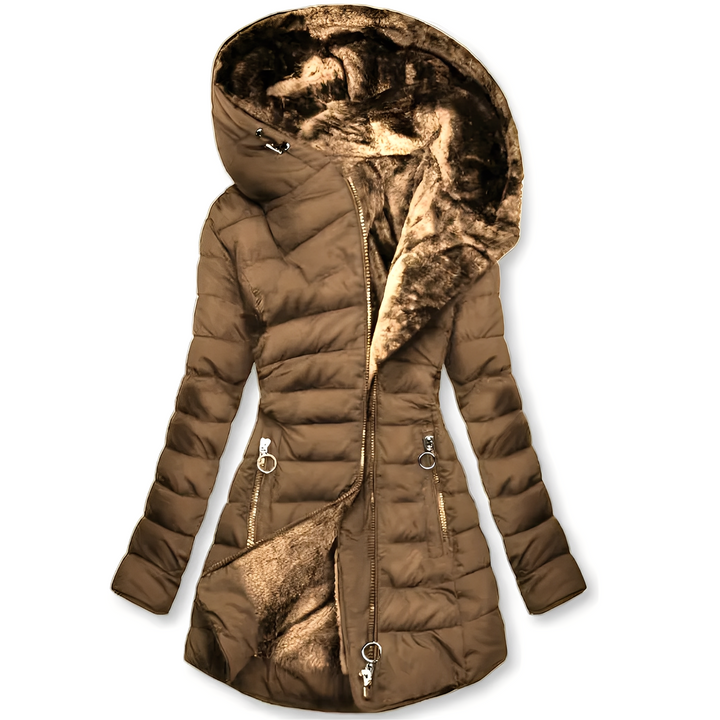 Jaqueta feminina moderna com capuz, ideal para o inverno. Conforto e estilo na moda feminina.