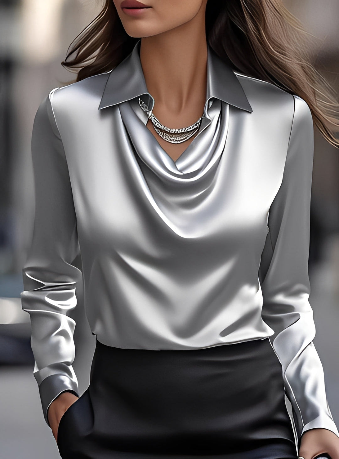 Blusa formal feminina com pregas, manga longa. Essencial para compor looks de trabalho e roupa social.