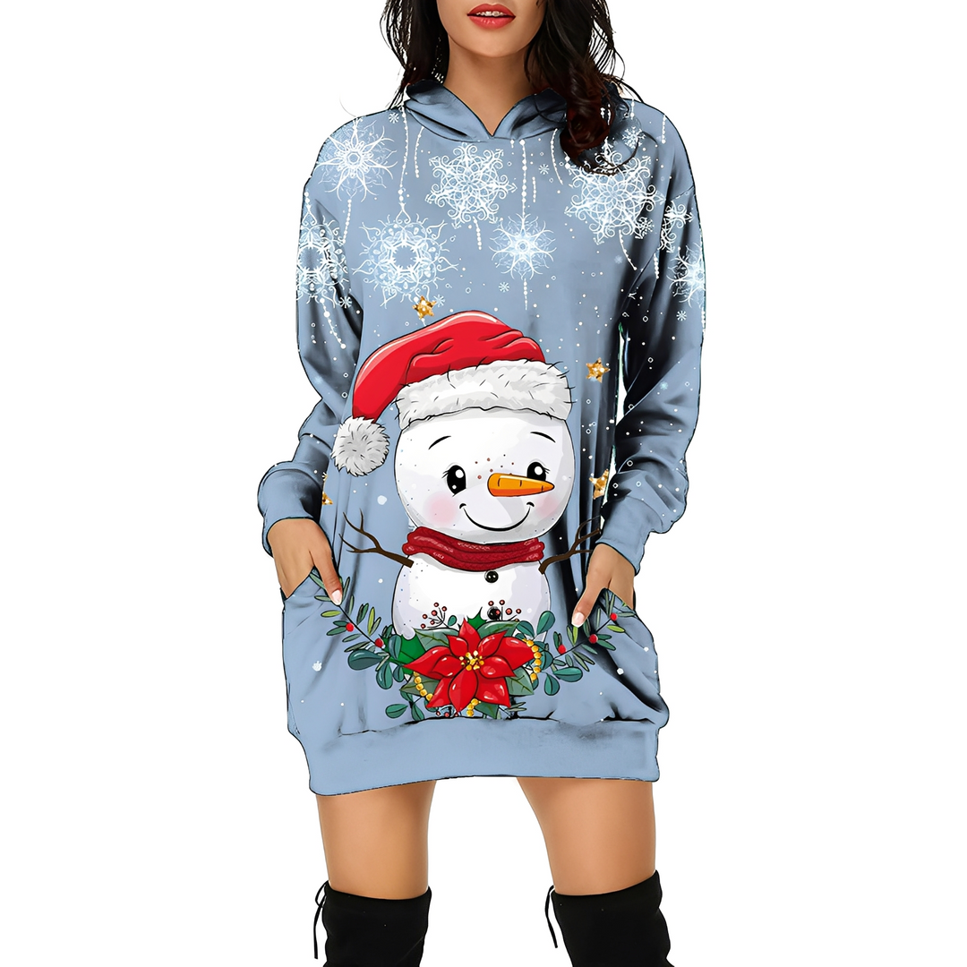 Vestido de Natal feminino com capuz e estampa festiva. Confortável e casual para o inverno.