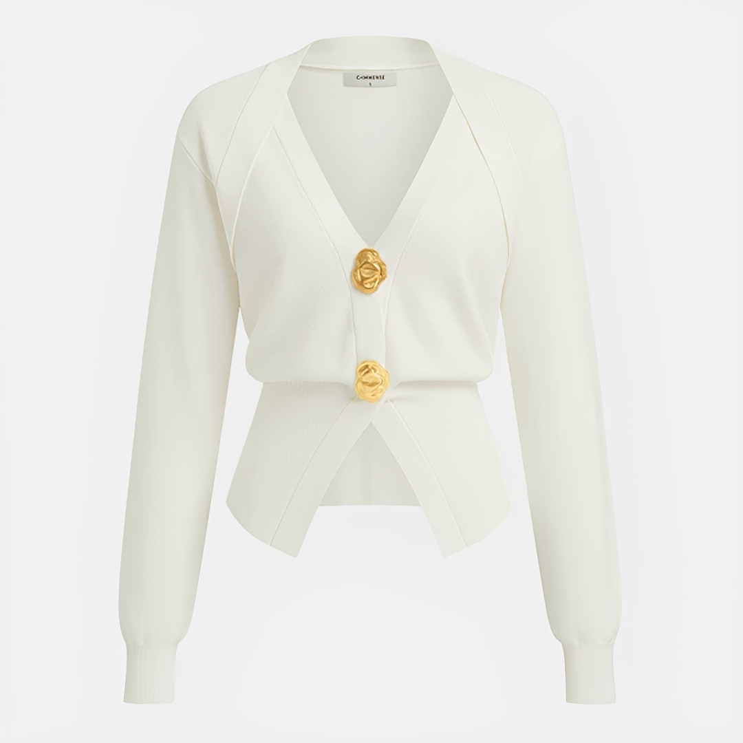 Cardigan feminino decote V, peça chave da moda outono. Casaco elegante e confortável para roupa feminina casual.