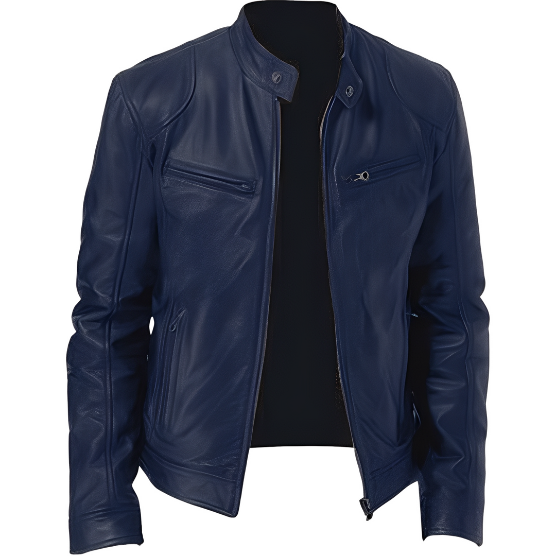 Casaco masculino slim fit, jaqueta de motoqueiro com detalhes de zíper. Roupa masculina elegante.