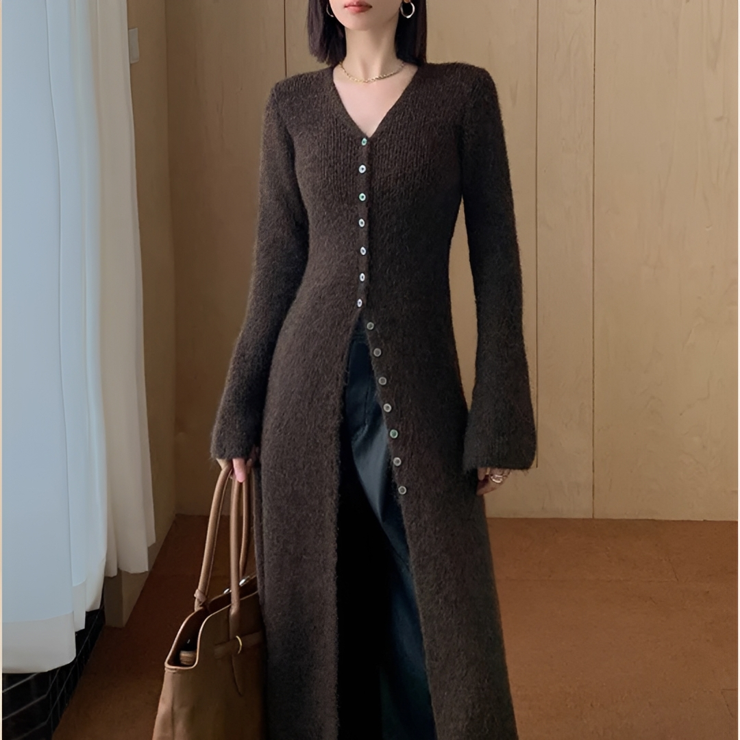 Vestido feminino versátil e elegante decote V, ideal para roupa de outono. Estilo chic, casual ou de trabalho.