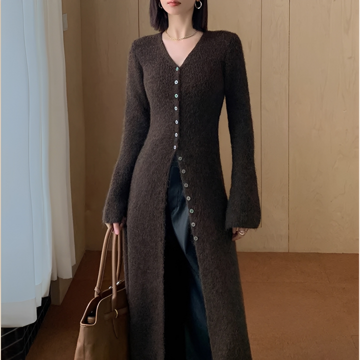 Vestido feminino versátil e elegante decote V, ideal para roupa de outono. Estilo chic, casual ou de trabalho.