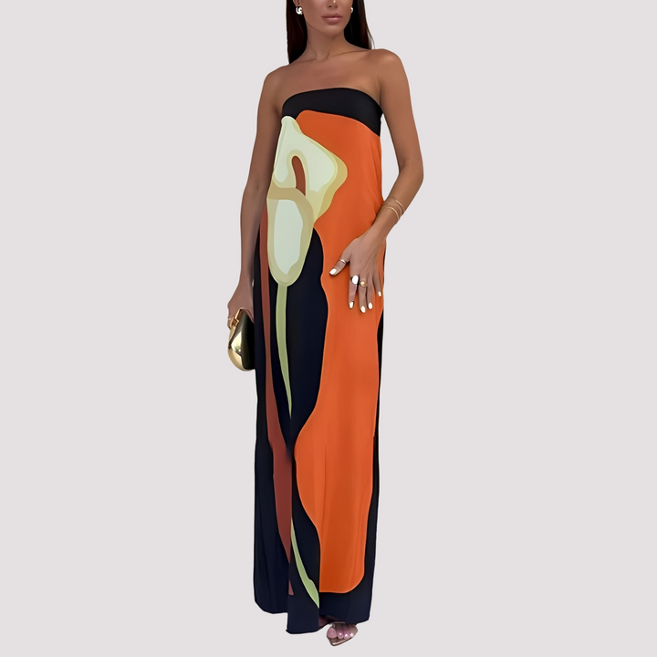 Maxi vestido feminino Samara, tomara que caia, versátil para casual ou ocasião especial.