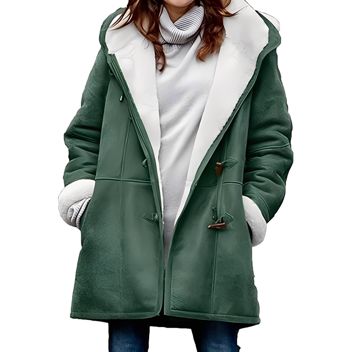 Casaco de inverno feminino verde estilo duffle casual, com capuz e fecho de trespasse.
