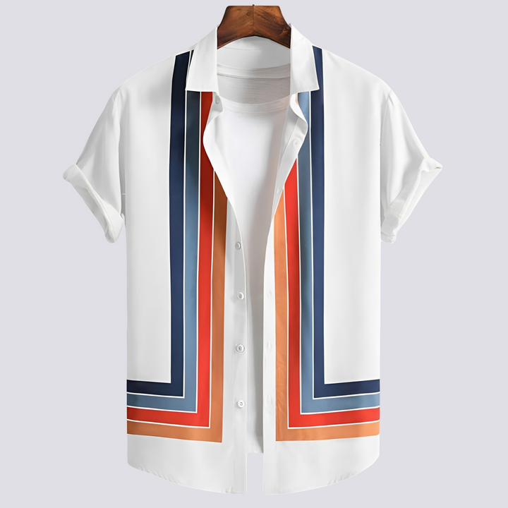 Camisa masculina com estampa vibrante, ideal para primavera/verão, estilo casual elegante e confortável.