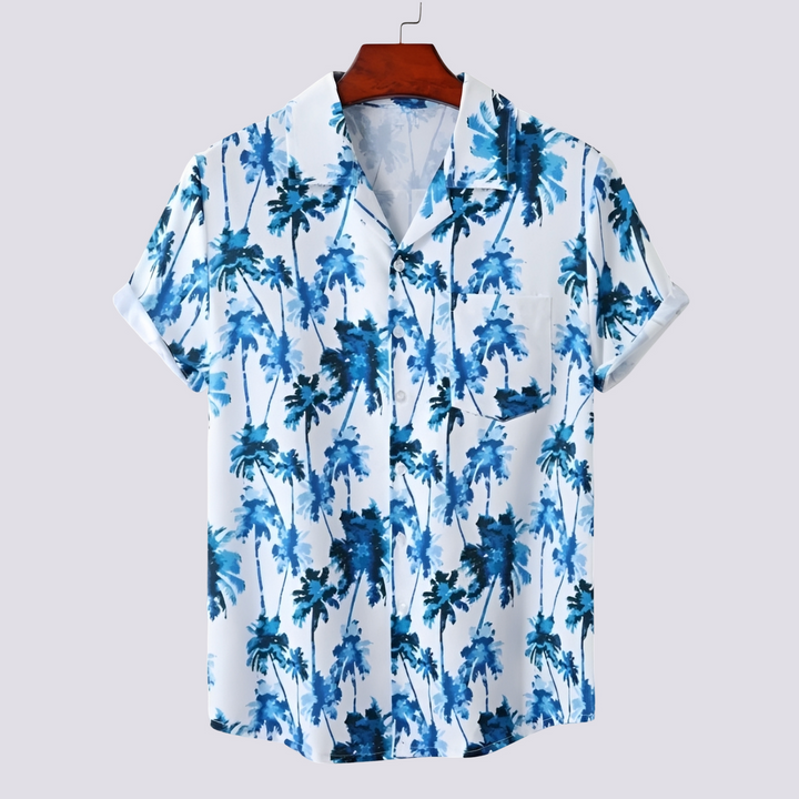 Camisa de verão masculina com estampa tropical. Manga curta, estilo havaiano e casual para conforto na moda praia.