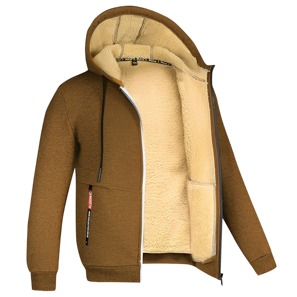 Casaco masculino quente com capuz, agasalho de inverno essencial para o frio, oferece conforto e estilo.