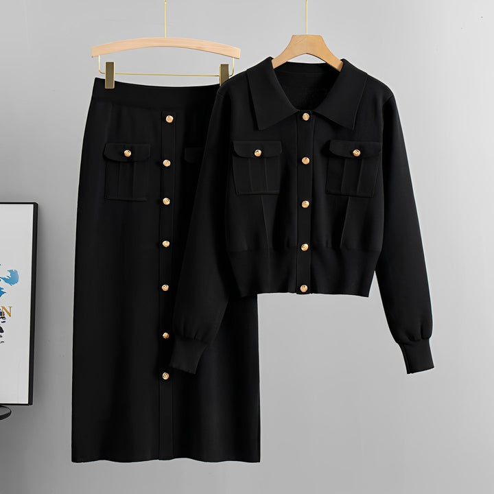 Roupa feminina versátil: Conjunto elegante com cardigã de gola e saia midi. Moda outono inverno chic e prática.