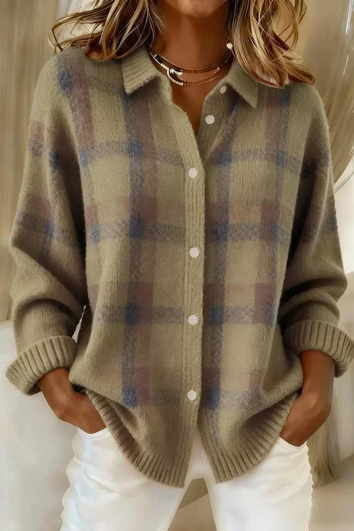 Cardigã feminino xadrez clássico, aconchegante e quente para a moda inverno, versátil e estiloso.