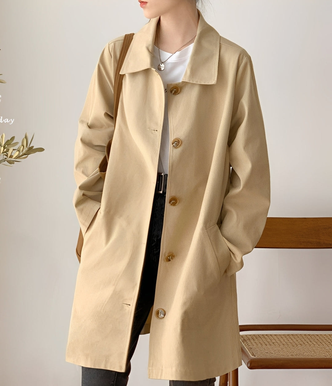 Casaco trench coat feminino para meia estação. Outwear casual com design de um botão, vestuário moderno.