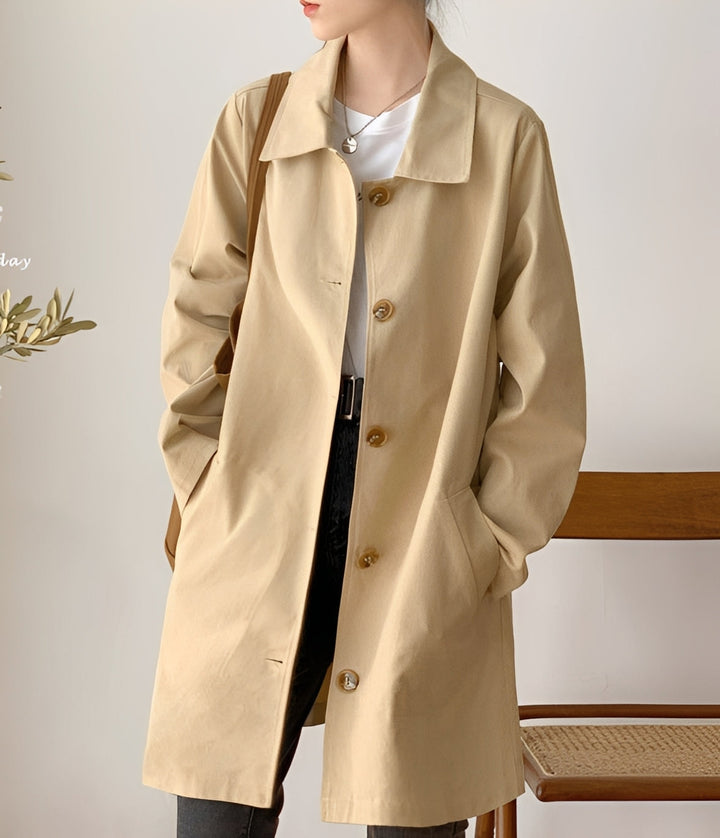 Casaco trench coat feminino para meia estação. Outwear casual com design de um botão, vestuário moderno.