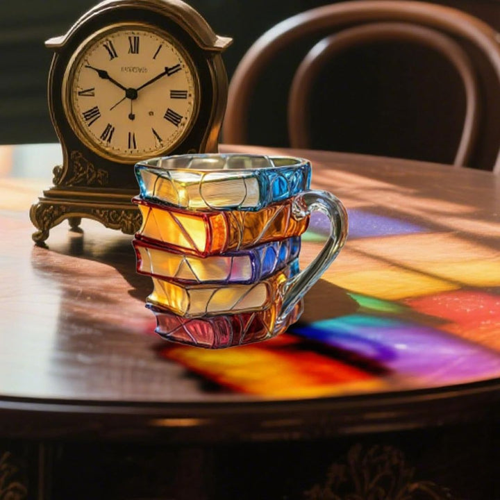 Detalhe da caneca 3D "Leitura Feliz" artesanal, celebrando a magia da leitura para momentos de café e chá.