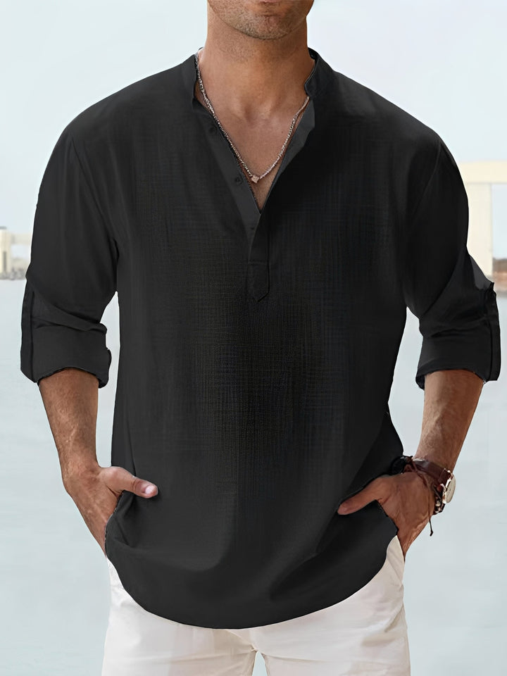 Moda masculina: camisa casual solta de verão, manga comprida, perfeita para um look estiloso e fresco.