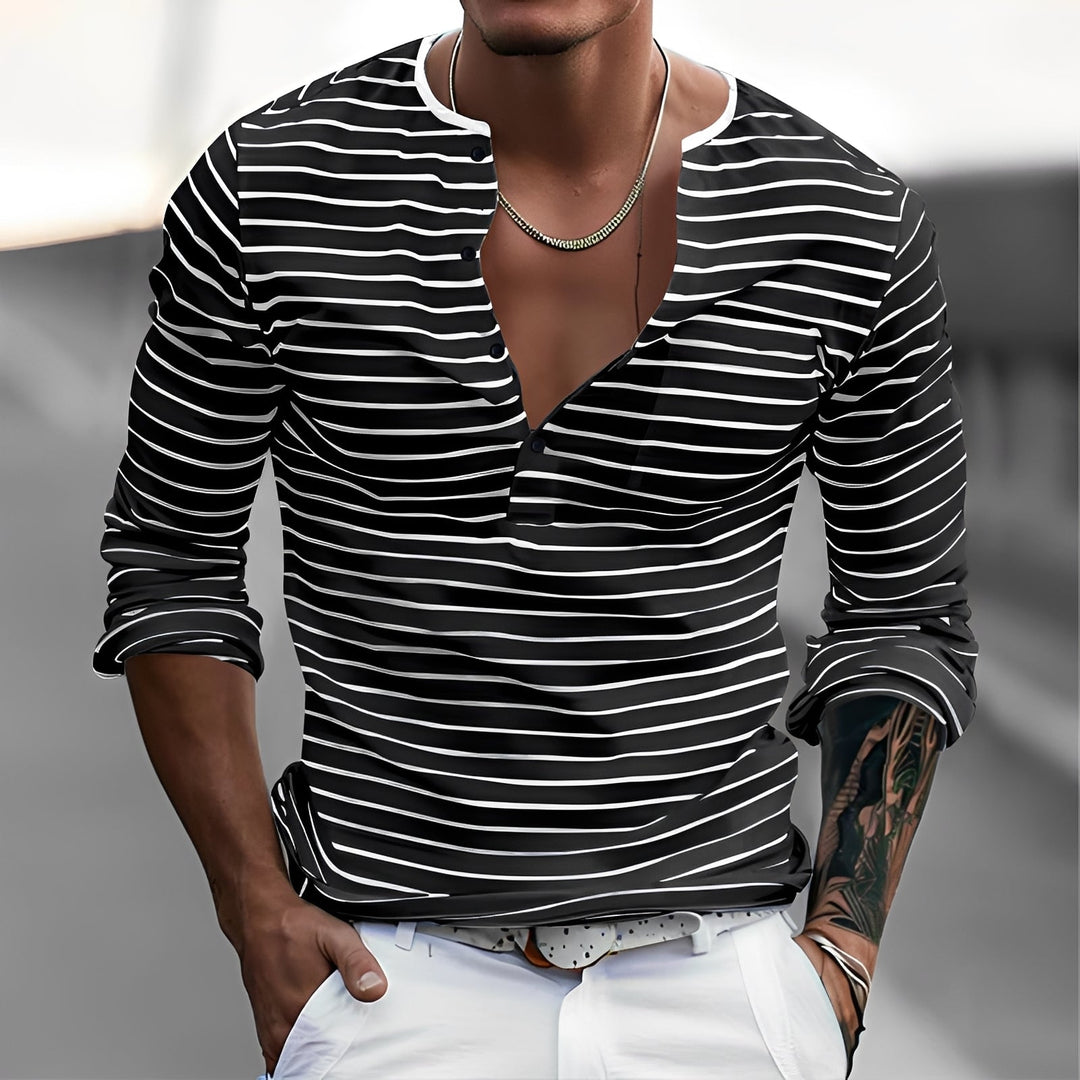 Camisa social masculina listrada, manga longa, para um estilo versátil e elegante. Conforto e tendência da moda.