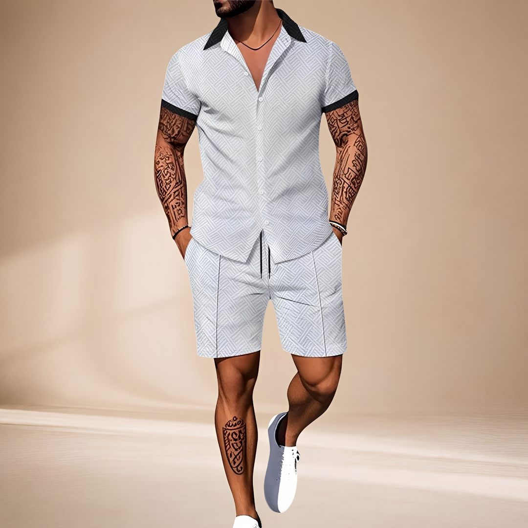 Conjunto masculino waffle de verão, shorts e camisa coordenados. Perfeito para conforto casual e estilo descontraído.