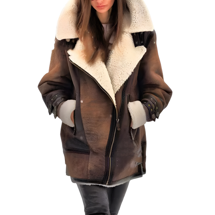 Jaqueta feminina Leilani marrom, agasalho quente e casual para outono inverno. Moda feminina e estilo aviador.