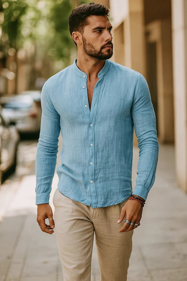 Camisa masculina casual de verão com manga 3/4. Leve e confortável para o dia a dia. Moda masculina.