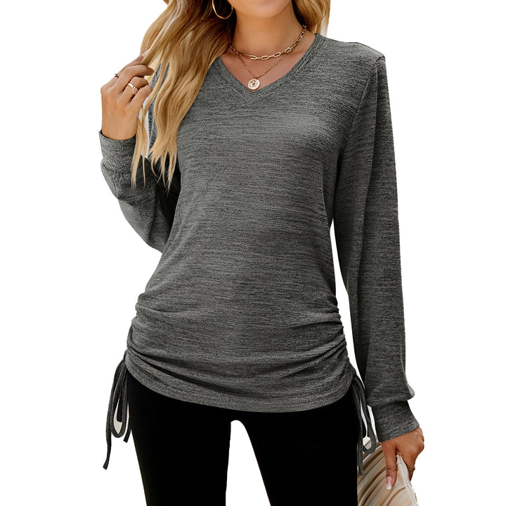 Blusa feminina estilo top, gola V. Roupa elegante e confortável para moda do dia a dia. Perfeita para trabalho.