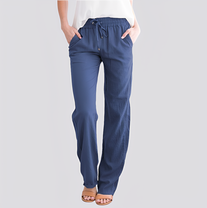 Conforto e estilo no verão com calça feminina casual de cós elástico, ideal para o dia a dia.