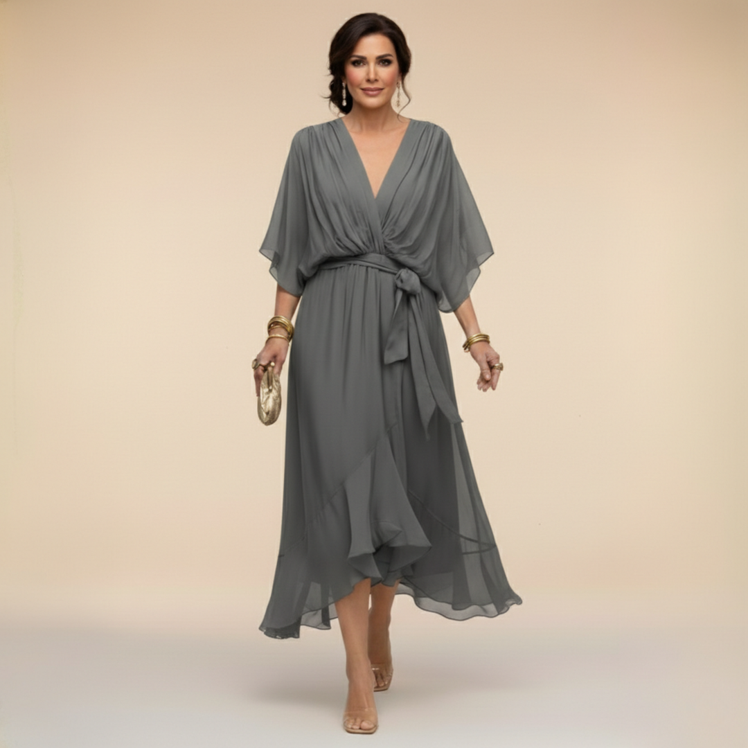Vestido feminino elegante decote V, ideal para verão, casual ou festa. Estilo confortável e na moda.