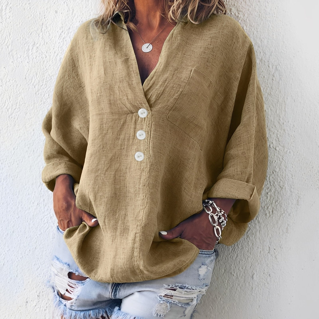 Roupa feminina: camisa casual de manga comprida, perfeita para looks versáteis. Blusa confortável para trabalho ou lazer.