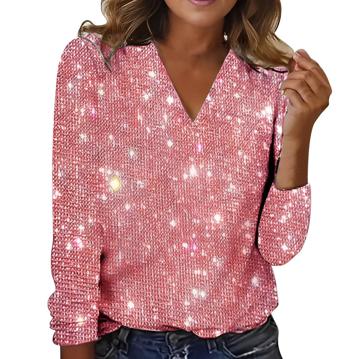 Blusa feminina elegante e brilhante Caroline, manga longa, ideal para a moda de outono e primavera.
